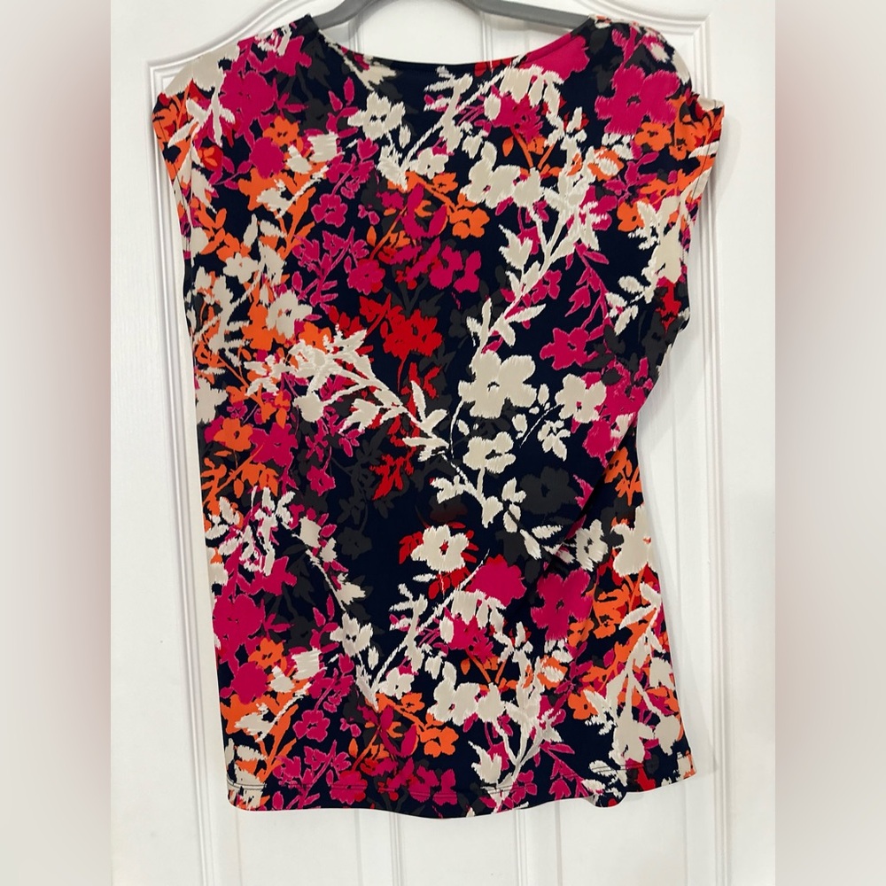 Alfani Floral V-Neck Sleeveless Blouse - Pink, Orange, Cream - Picture 4 of 7